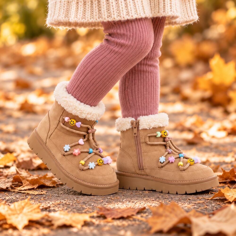 Girls Size 2 Tan Faux Suede Ankle Boots Fur Lined Charms Zip Winter Art Class